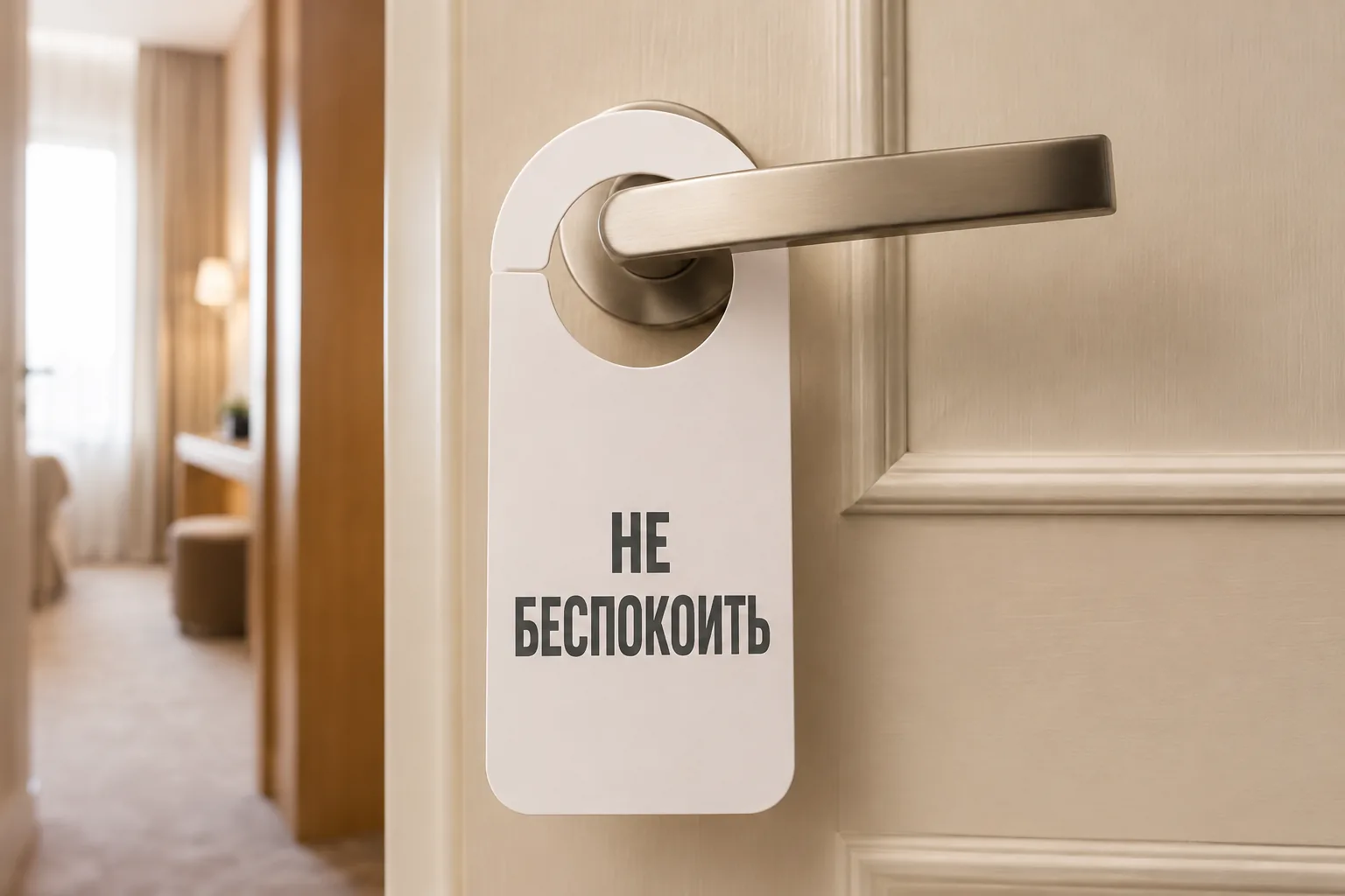 Дорхенгер с надписью «Не беспокоить» на ручке двери гостиничного номера