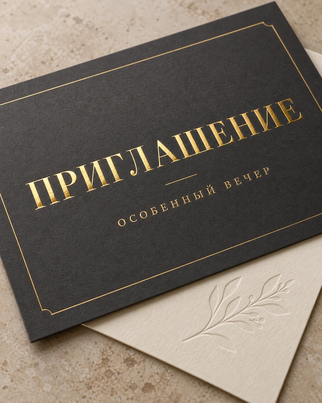 Тиснение и фольгирование — образец смежной услуги, кадр 3; Золотая надпись на тёмном приглашении и рельефный узор на, ПЕЧАТЬ32, заказ с получением в Белгороде, «Открытки»