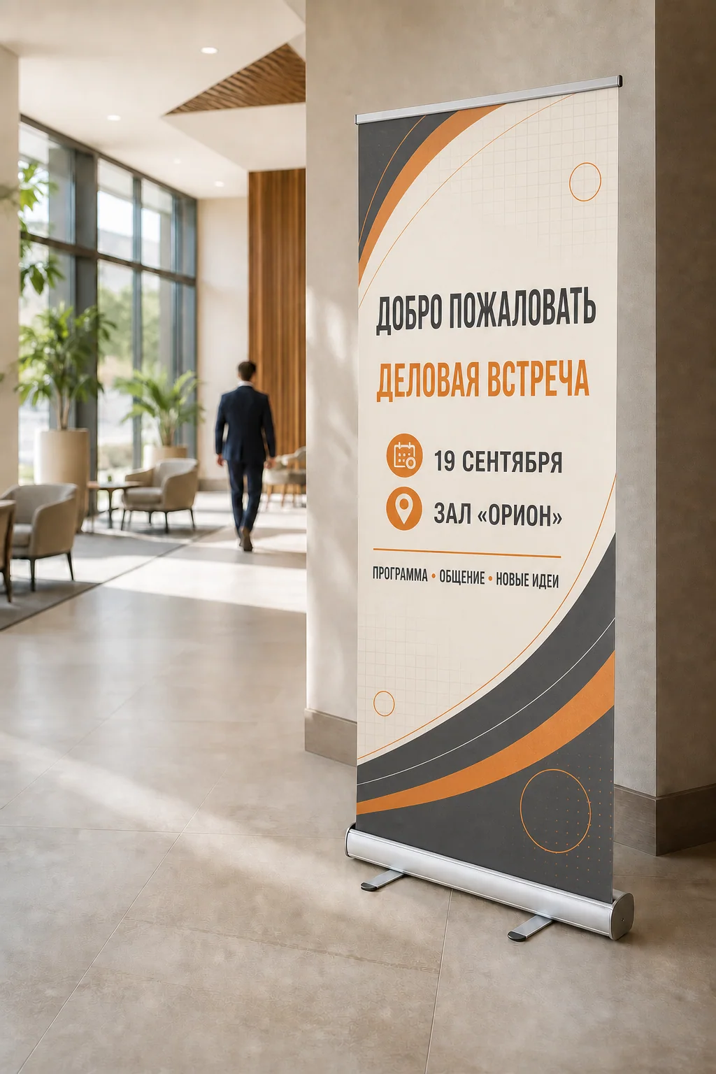 Roll-up стенды — Roll-up с насыщенным русским макетом в лобби делового центра; образец смежной услуги, кадр 1, ПЕЧАТЬ32, получение в Белгороде, раздел «Штендеры»